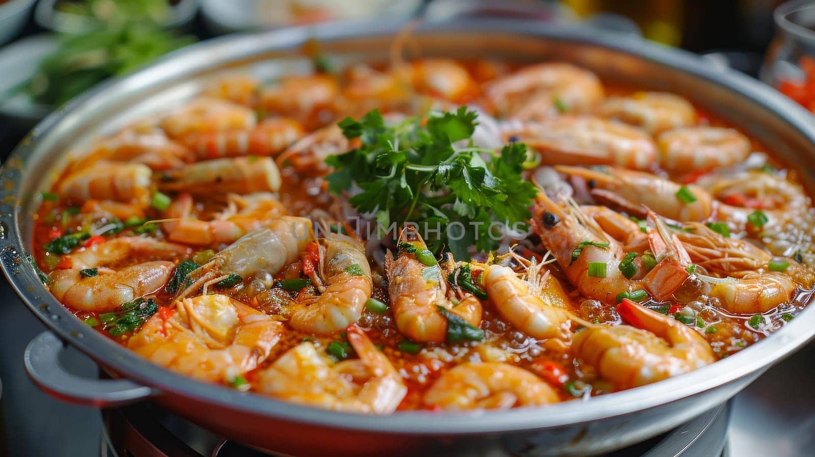 A large bowl of shrimp and vegetables is served in a silver pan. The dish is full of shrimp and vegetables, with a variety of colors and textures. The presentation is appetizing and inviting