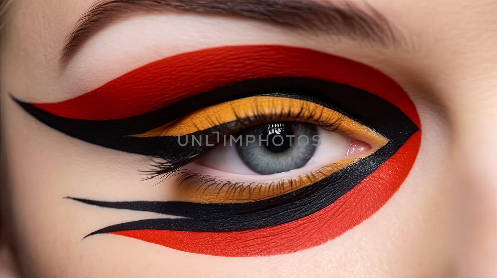 A woman's eye is painted with a colorful design. The colors are bright and bold, creating a fun and playful look. The eye makeup is likely inspired by a street art or graffiti style