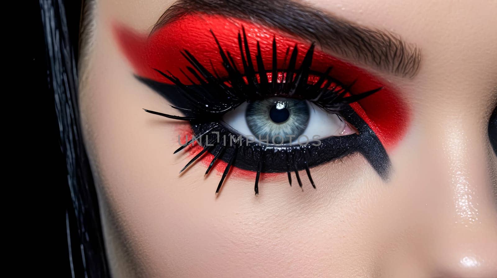 A woman's eye adorned with vibrant red and black eyeliner, showcasing a bold and striking evening makeup look.