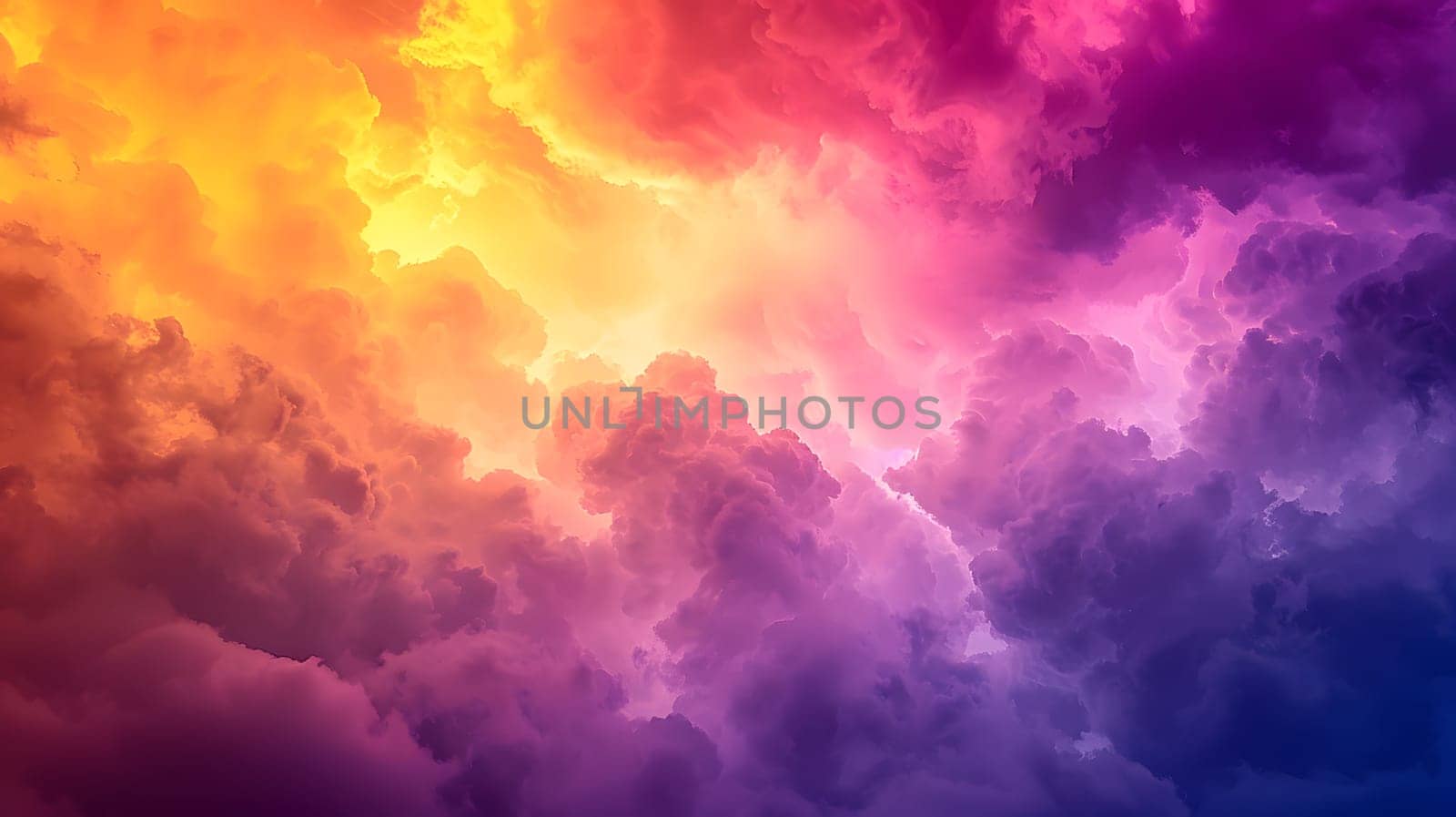 A vibrant cumulus cloud filled sky at dusk displaying a rainbow of colors, including purple hues, creating a surreal atmospheric phenomenon