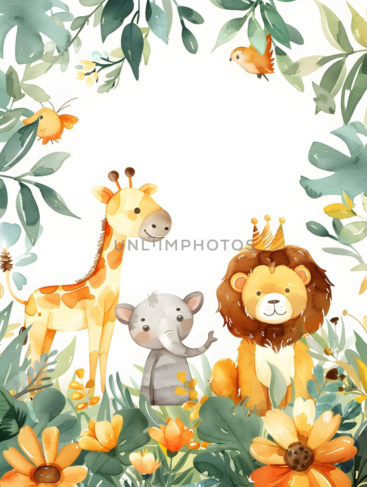 A giraffe, elephant, lion, and bear are happily sitting amidst a vibrant field of flowers, creating a beautiful scene for a botanical illustration