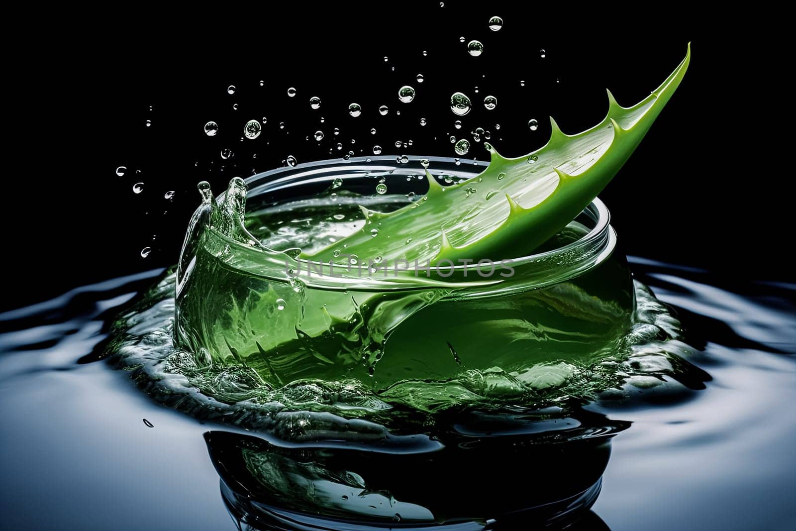 A jar of green aloe vera gel, ideal for moisturizing and caring for the skin, placed on a table next to a leaf.