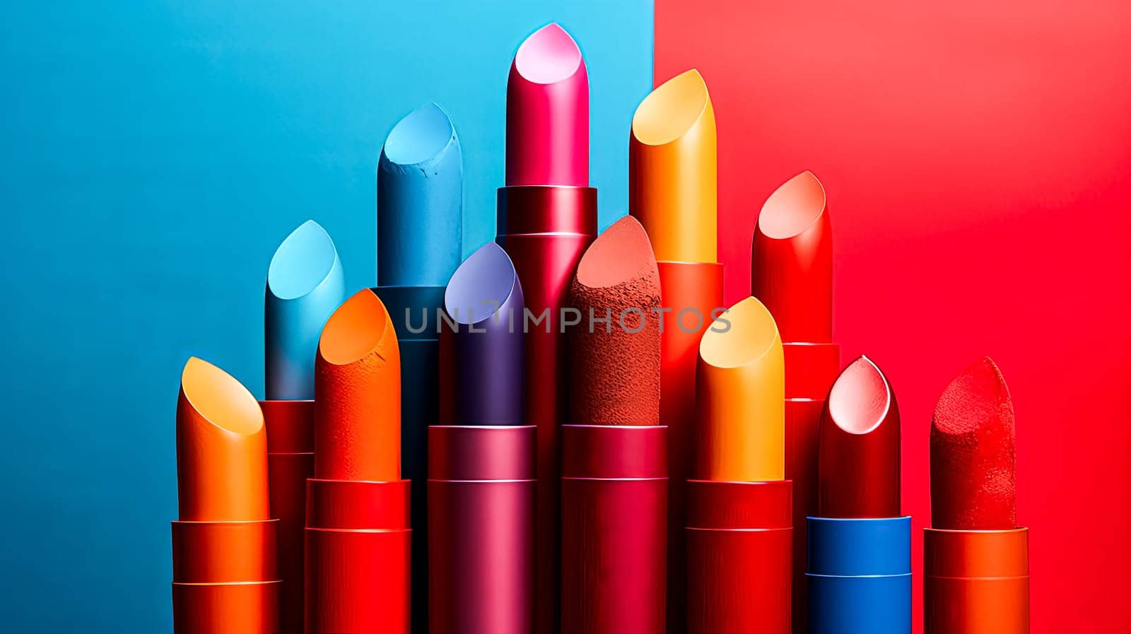 A row of colorful lipsticks are displayed on a blue background. The lipsticks are arranged in a pyramid shape, with the bottom row being the most colorful and the top row being the least colorful