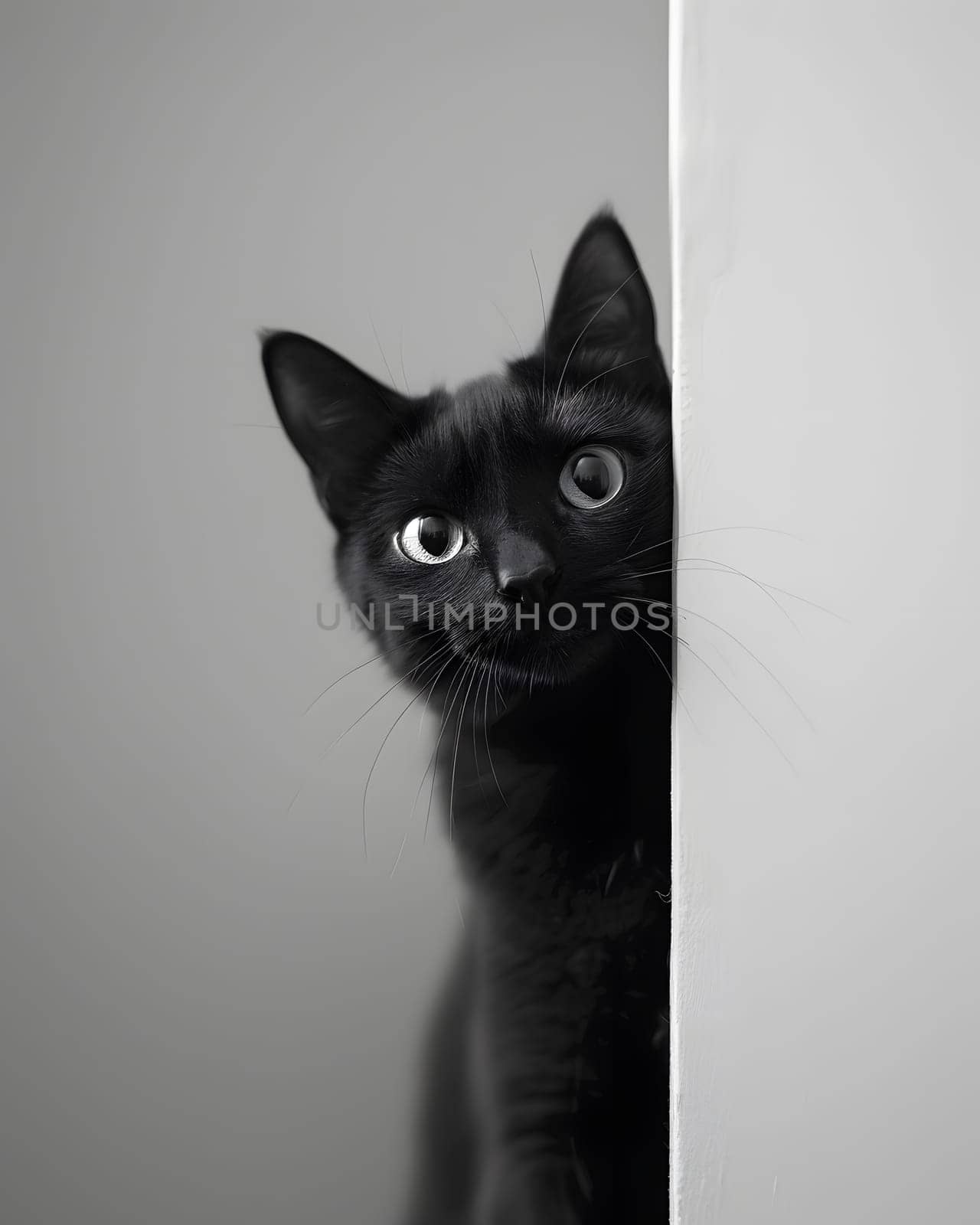 A small to mediumsized grey Cat, from the Felidae family, with whiskers and a snout, is peeking out from behind a white wall in a monochrome photography style