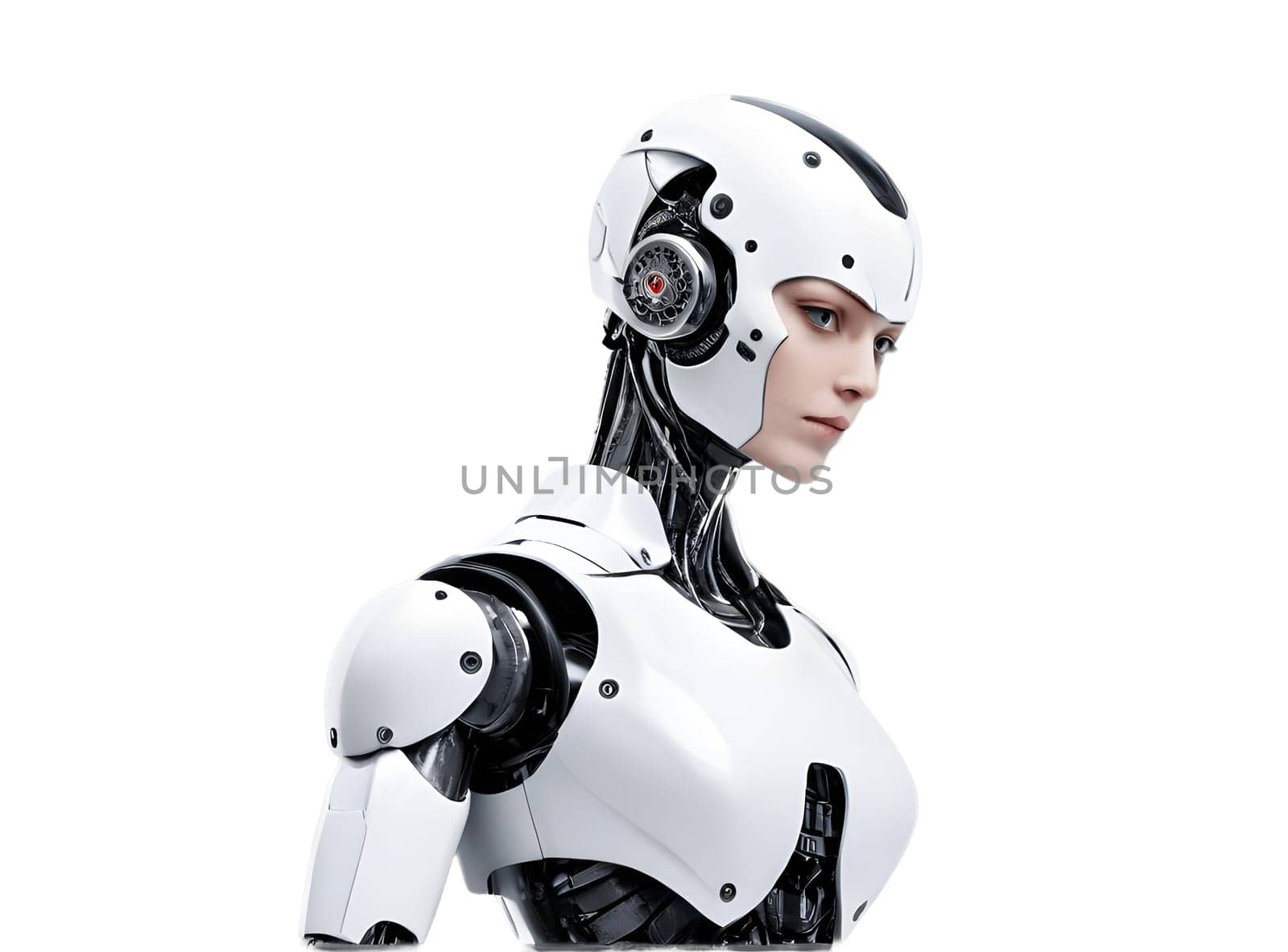 Woman white metal robot isolated on white