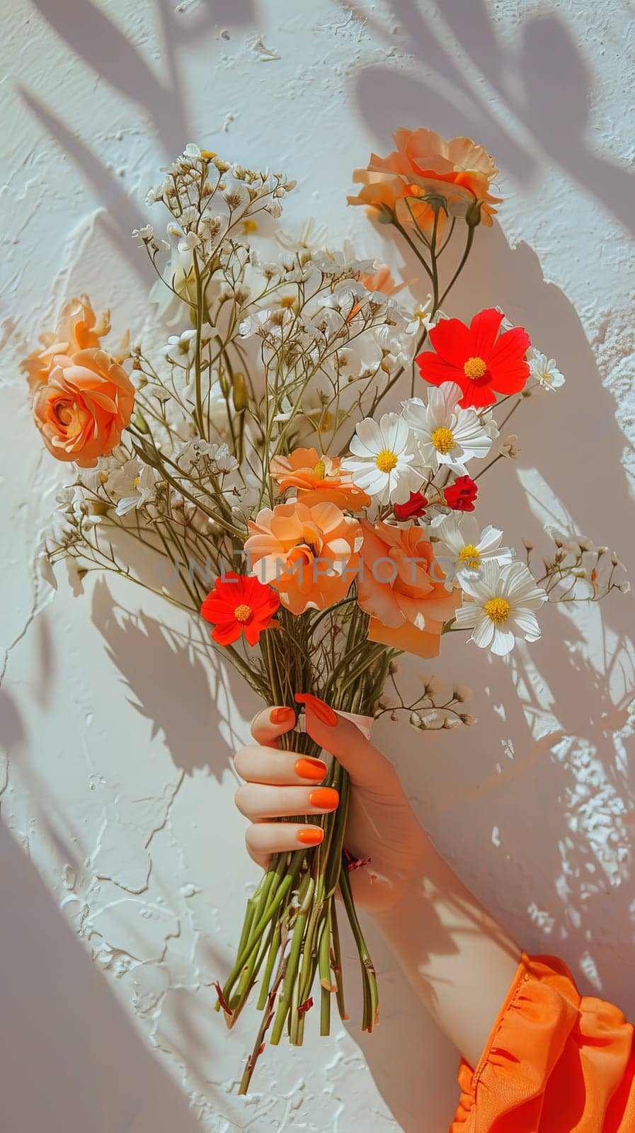 A woman is holding a bouquet of flowers, which includes roses, daisies, and sunflowers. The flowers are arranged in a vase, and the woman is wearing an orange shirt