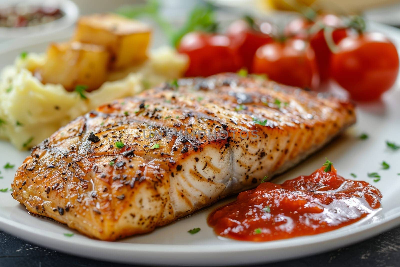 A fish fillet is served with a side of tomatoes and lemon. The fish is seasoned with pepper and lemon juice