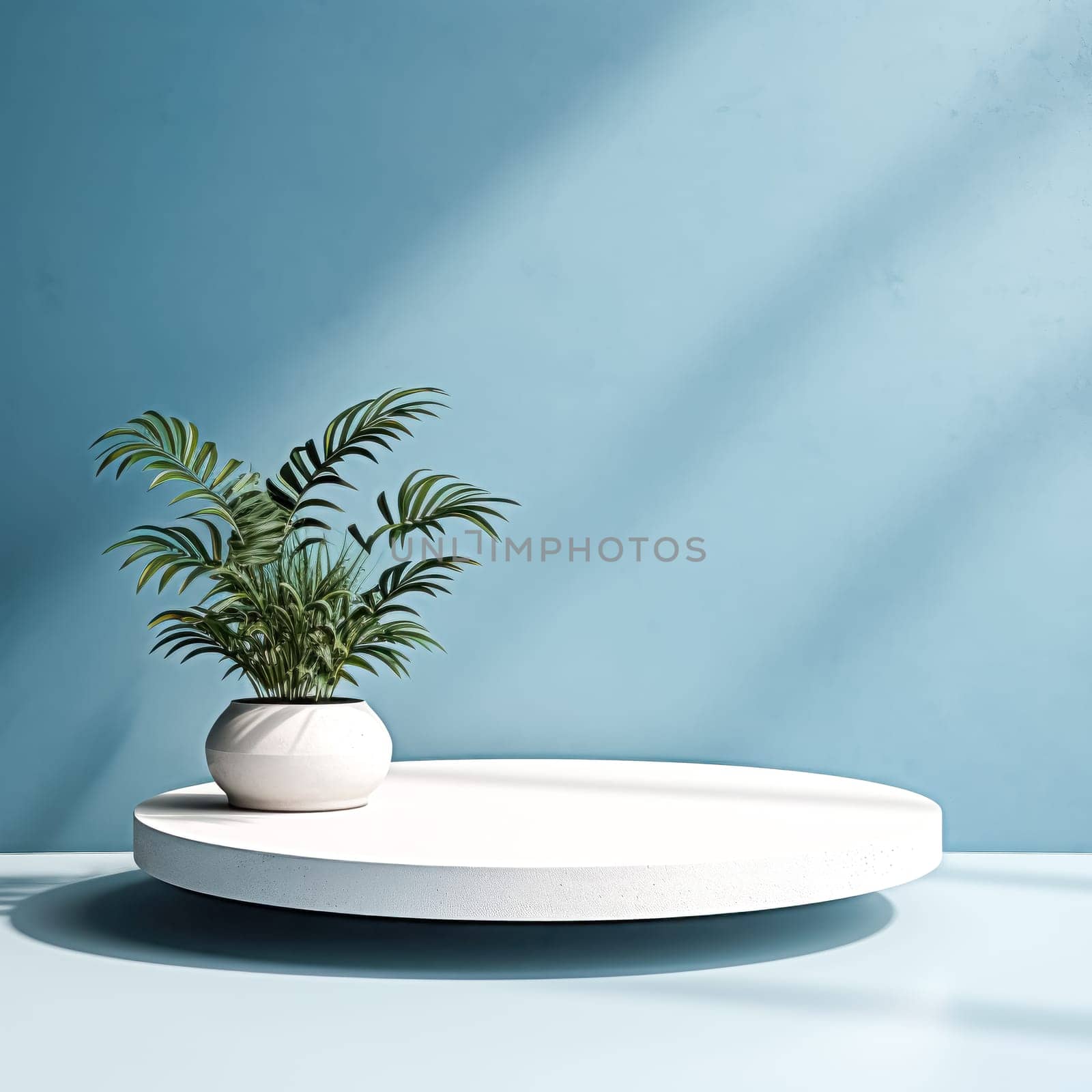 A white vase with a plant in it sits on a white pedestal. The pedestal is round and made of concrete. The scene is set against a blue wall