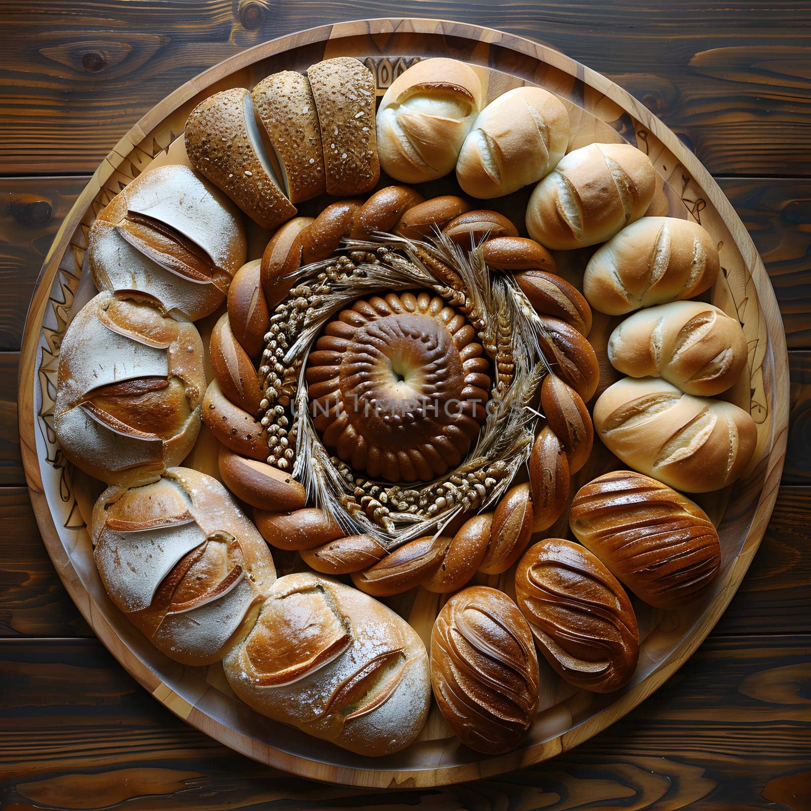 A wooden serveware tray adorned with a variety of artisan breads creating a beautiful display of culinary art. The breads are arranged in a circular pattern, enhancing the dishwares rustic charm