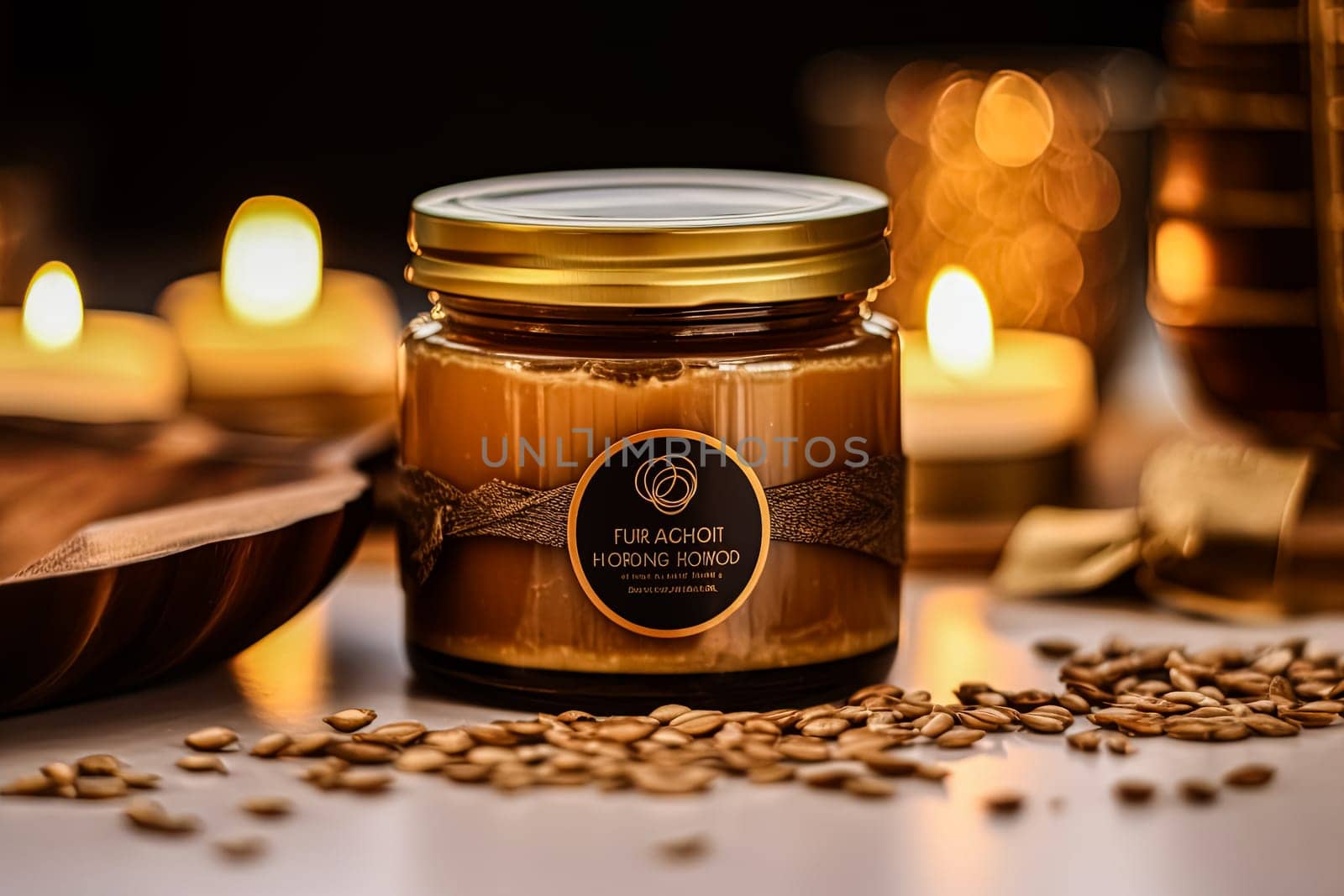 A jar of face cream sits on the table next to a bowl of seeds, surrounded by candles creating a warm ambiance. Oat based face cream.