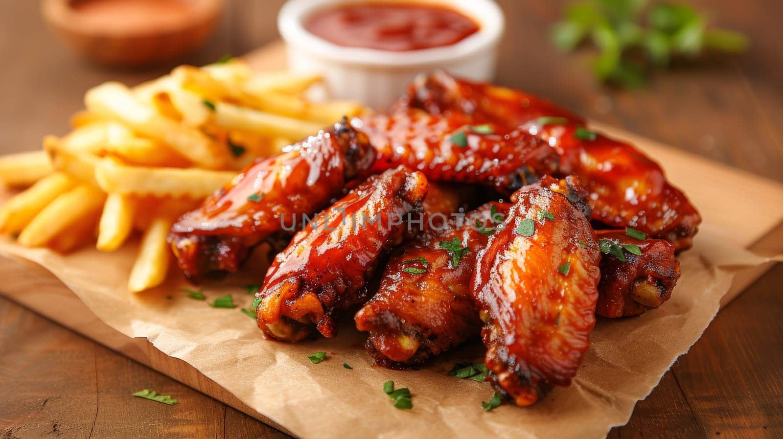 A plate of fried chicken and a side of french fries. The chicken is covered in a sauce and is sitting on a bed of greens