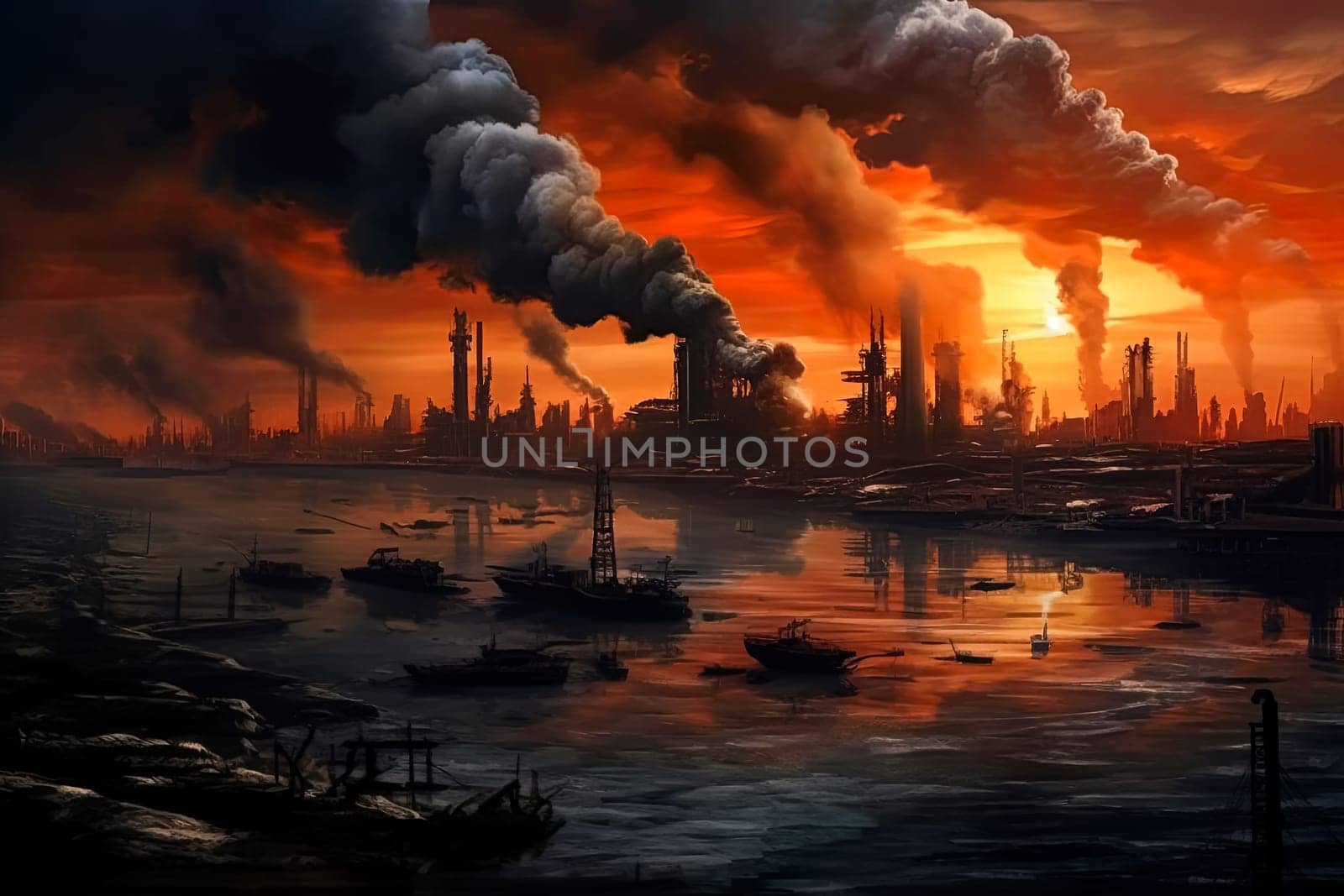 A large industrial plant is spewing smoke into the air. The sky is dark and the water is murky. The scene is bleak and foreboding