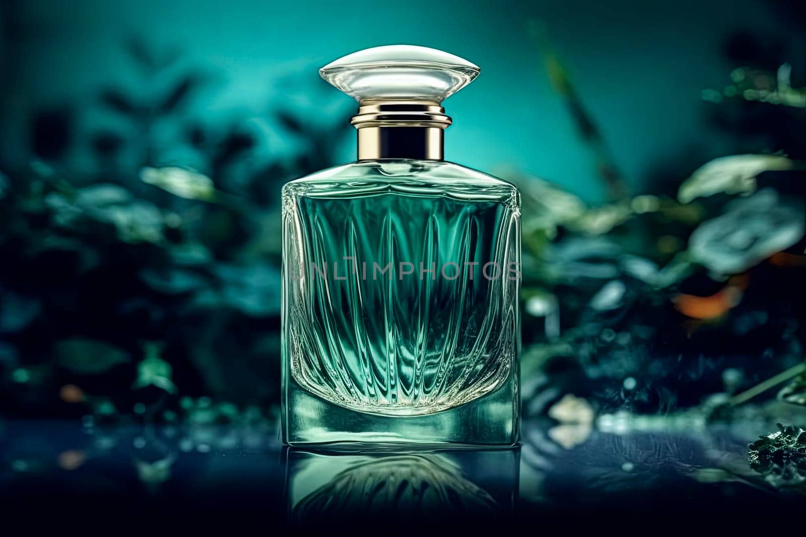 Luxury perfume with a golden insert on the bottle against a blurred background.