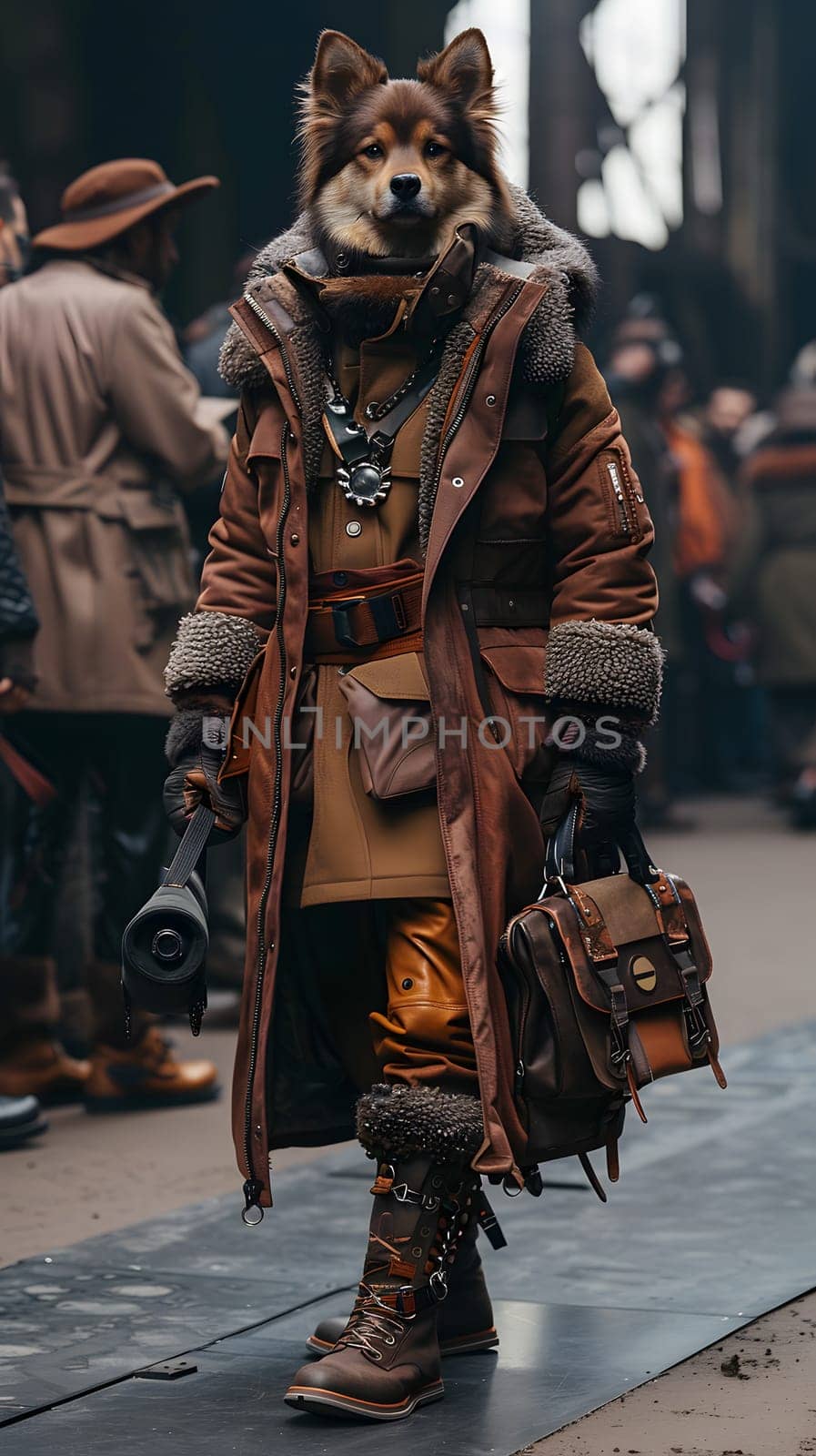 A military person dressed as a fictional dog character is holding a camera and a bag at a monument event. The uniform includes a hat, fur, and metal accents