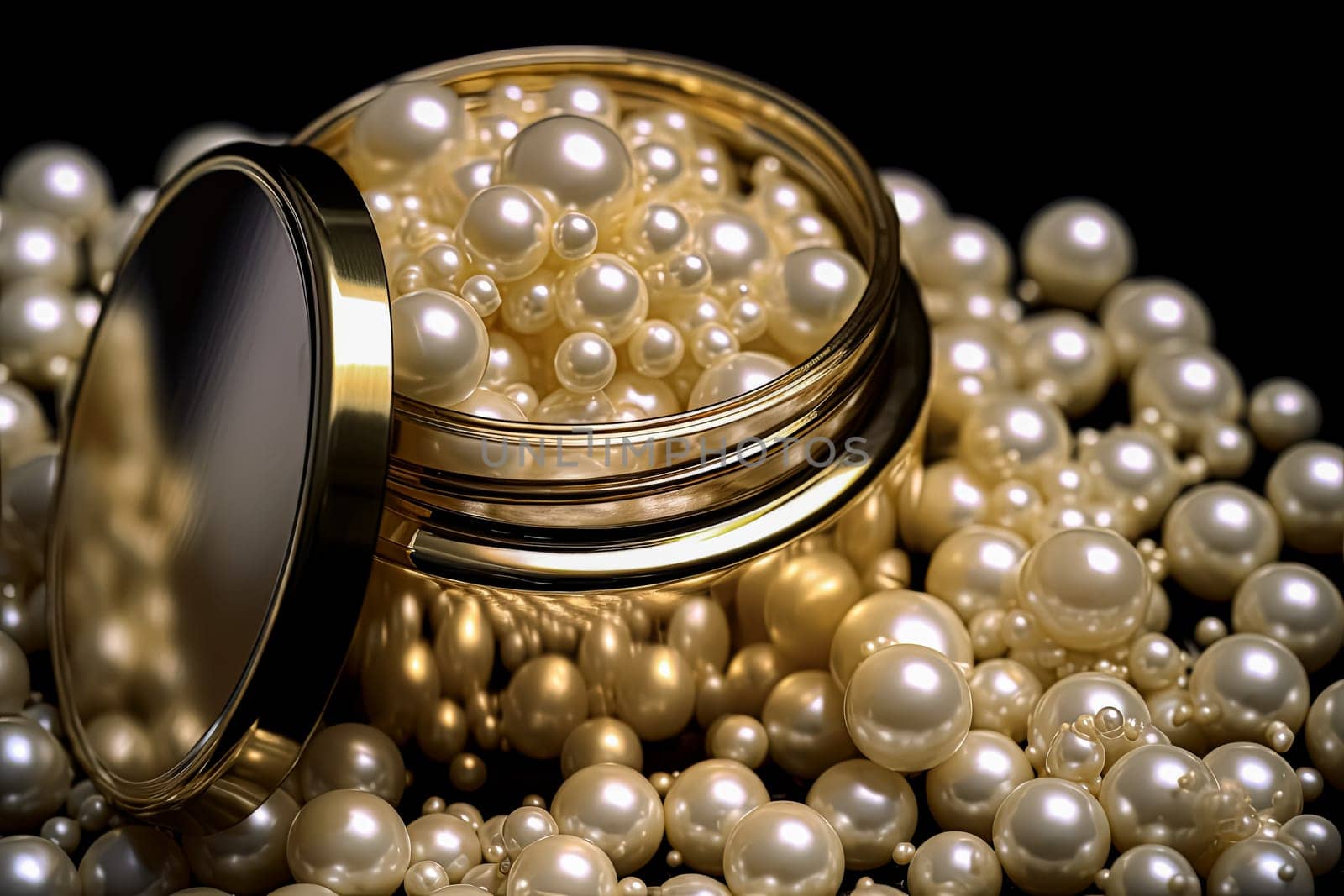 A gold-colored container filled with many white pearls, some scattered around it and others piled on top. Concept of luxury and elegance. Face cream in pearl form.