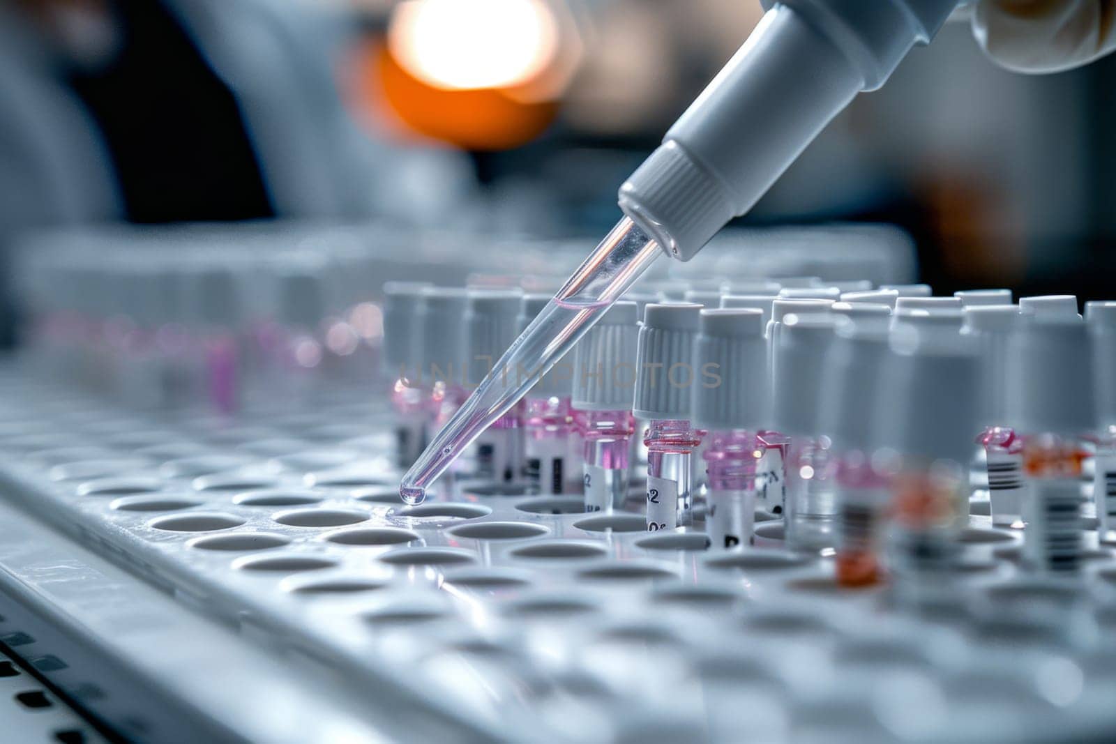 The scientist fills the microplate with a pipette in the lab for biological or chemical analysis.