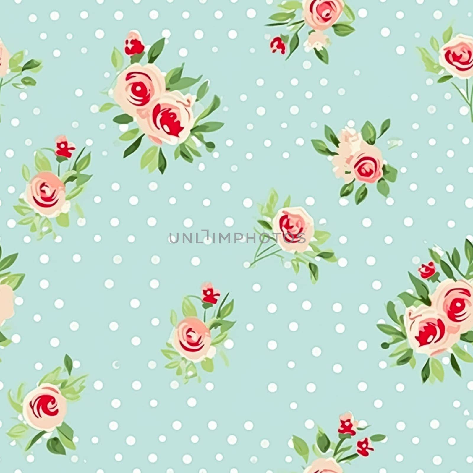 Seamless pattern, tileable floral country holiday print with roses, dots and flowers for wallpaper, wrapping paper, scrapbook, fabric and polka dot roses product design idea