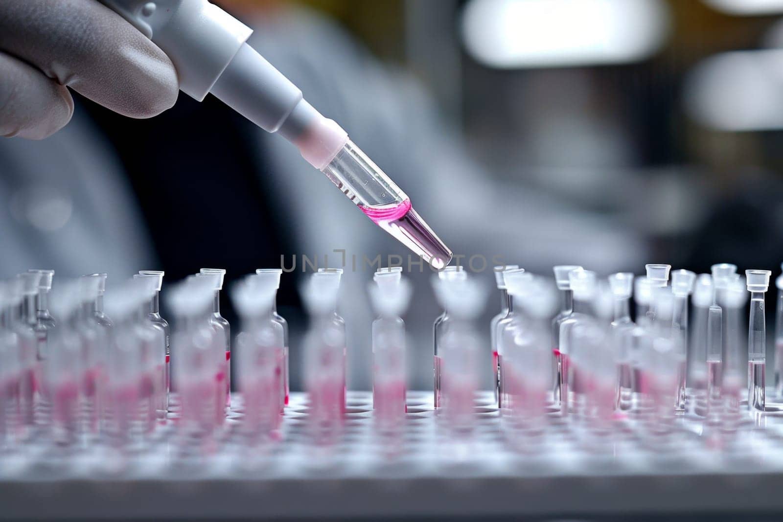 The scientist fills the microplate with a pipette in the lab for biological or chemical analysis.