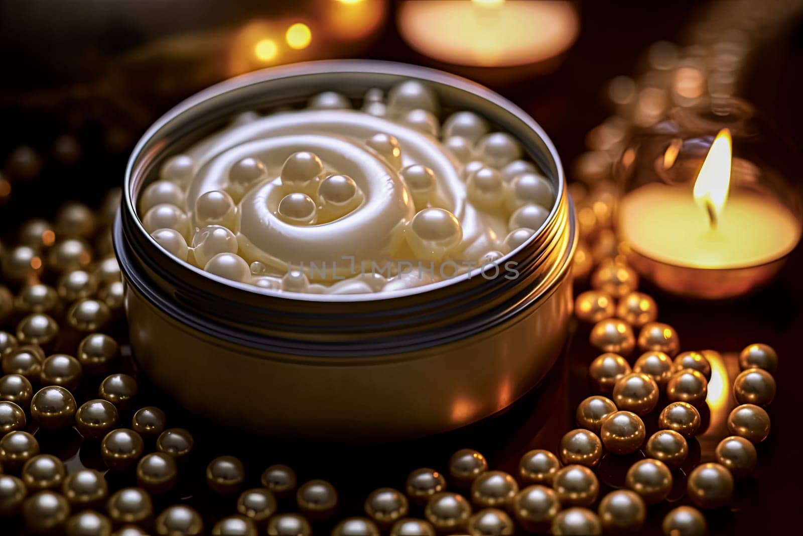 A gold-colored container filled with many white pearls, some scattered around it and others piled on top. Concept of luxury and elegance. Face cream in pearl form.