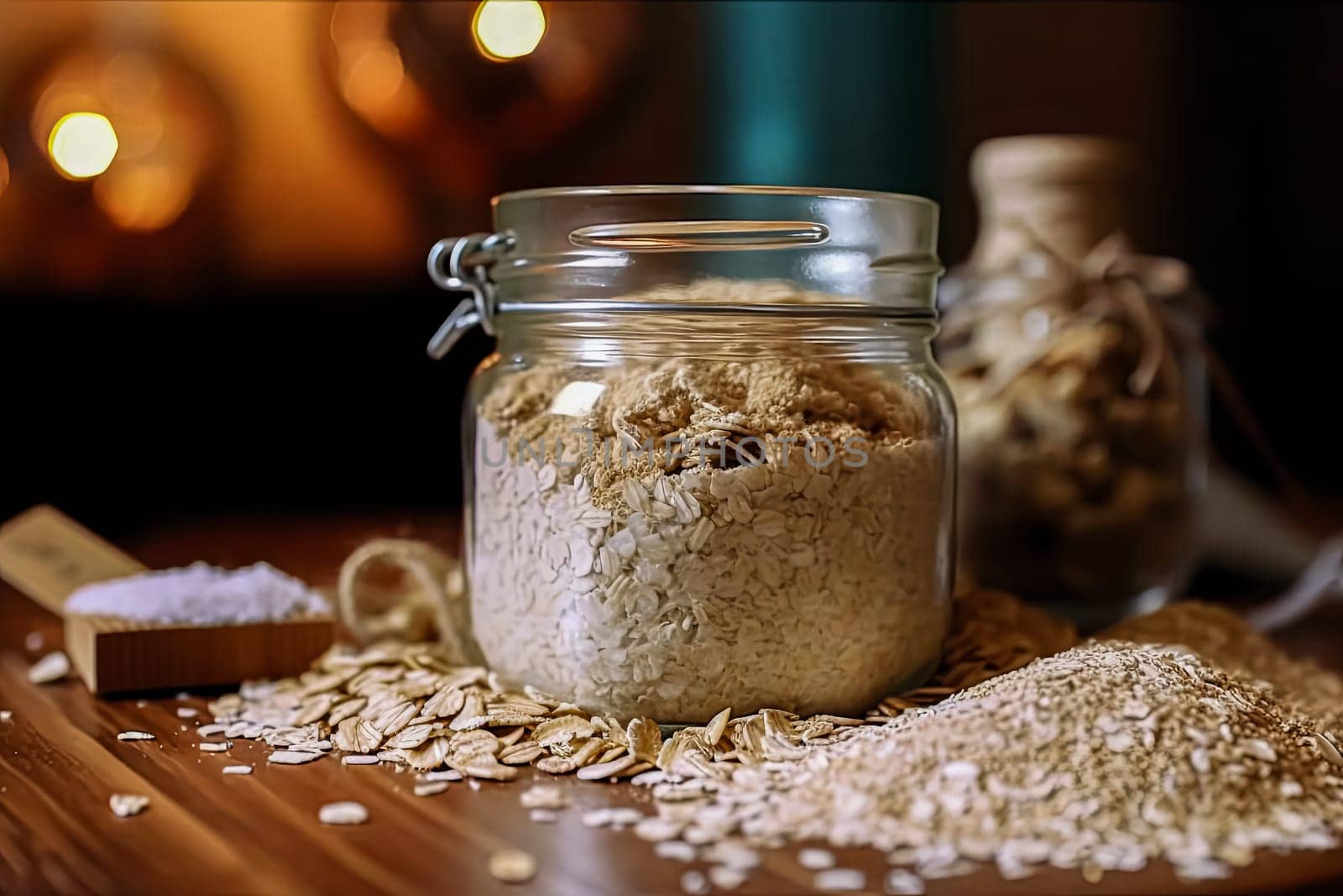 A jar of oatmeal is on a table with a spoon and a pile of oatmeal. The jar is half full and the oatmeal is scattered around it