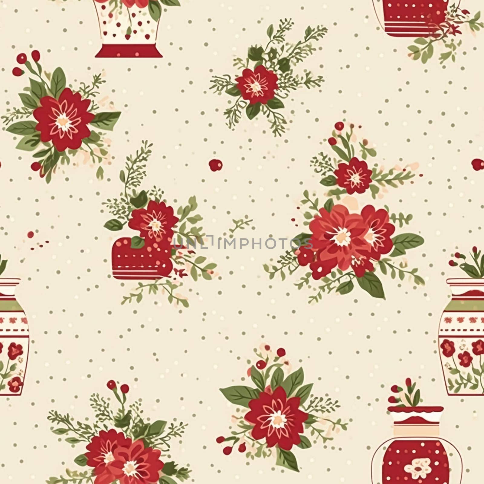 Seamless pattern, tileable holiday flowers in vase, country dots print for wallpaper, wrapping paper, scrapbook, fabric and product design motif