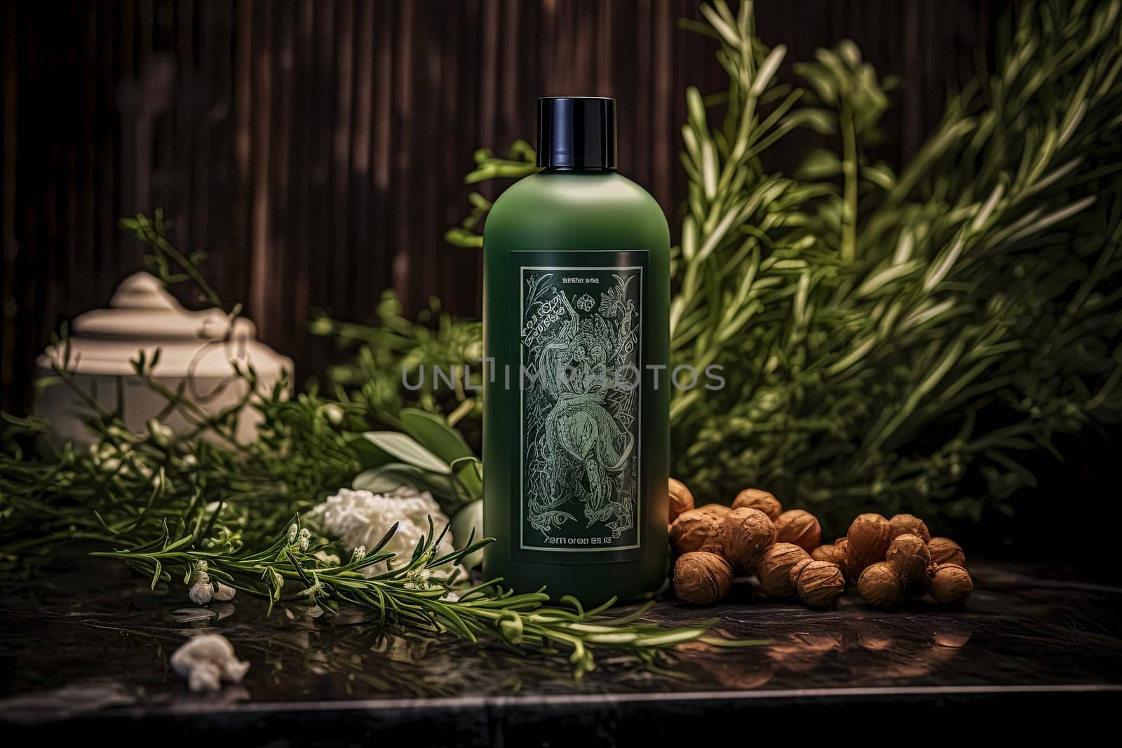 There is a bottle of herbal shampoo with herbs and a small bowl on the table. The bottle is green and the label says Herbal. The herbs and bowl create a natural and calming atmosphere.