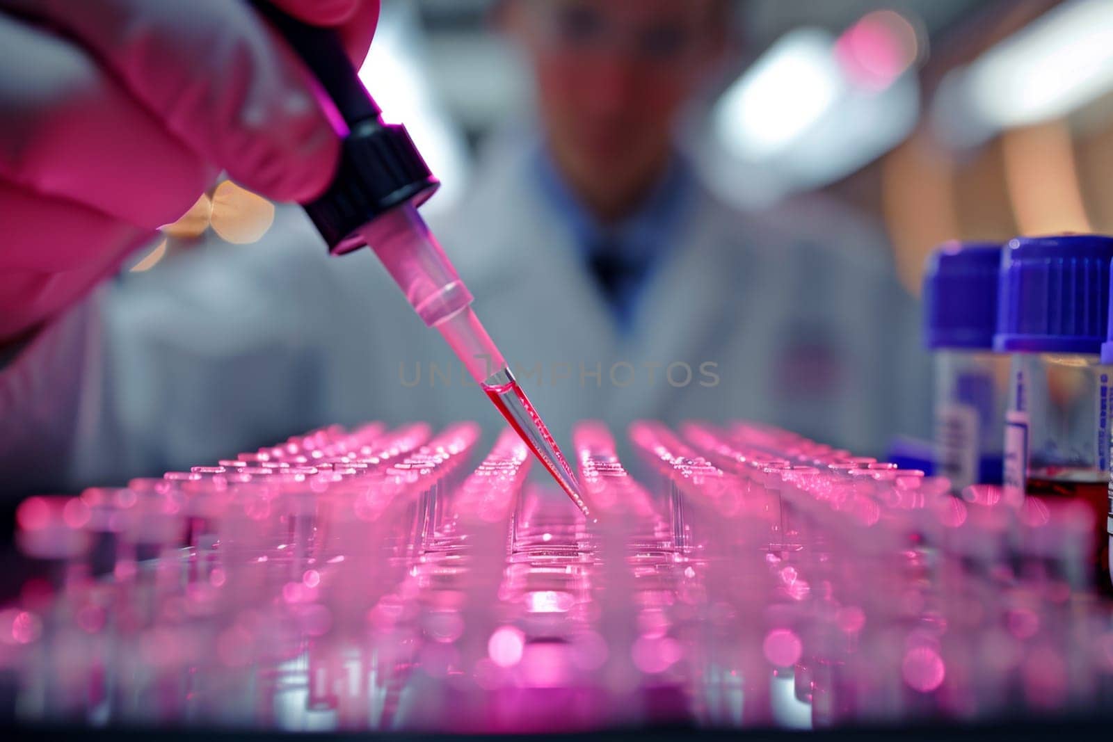 The scientist fills the microplate with a pipette in the lab for biological or chemical analysis.