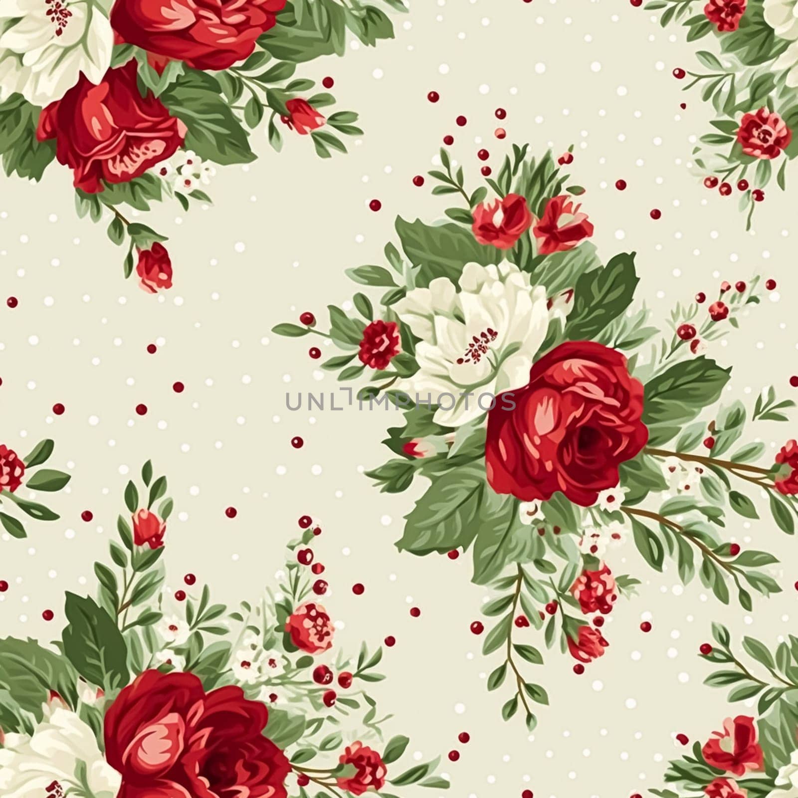 Seamless pattern, tileable Christmas holiday floral, country flowers dots print, English countryside roses for wallpaper, wrapping paper, scrapbook, fabric and product design motif