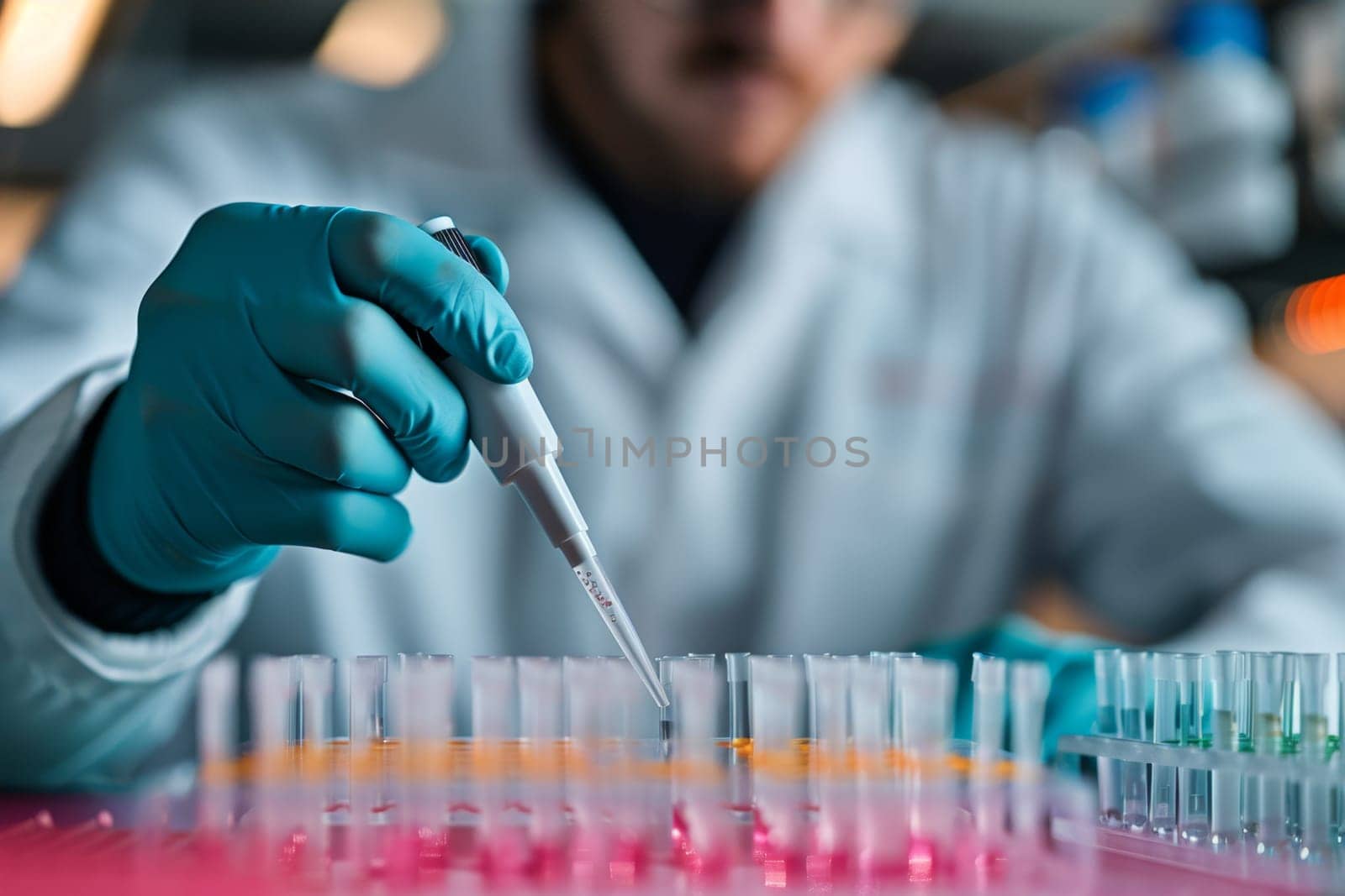 The scientist fills the microplate with a pipette in the lab for biological or chemical analysis.