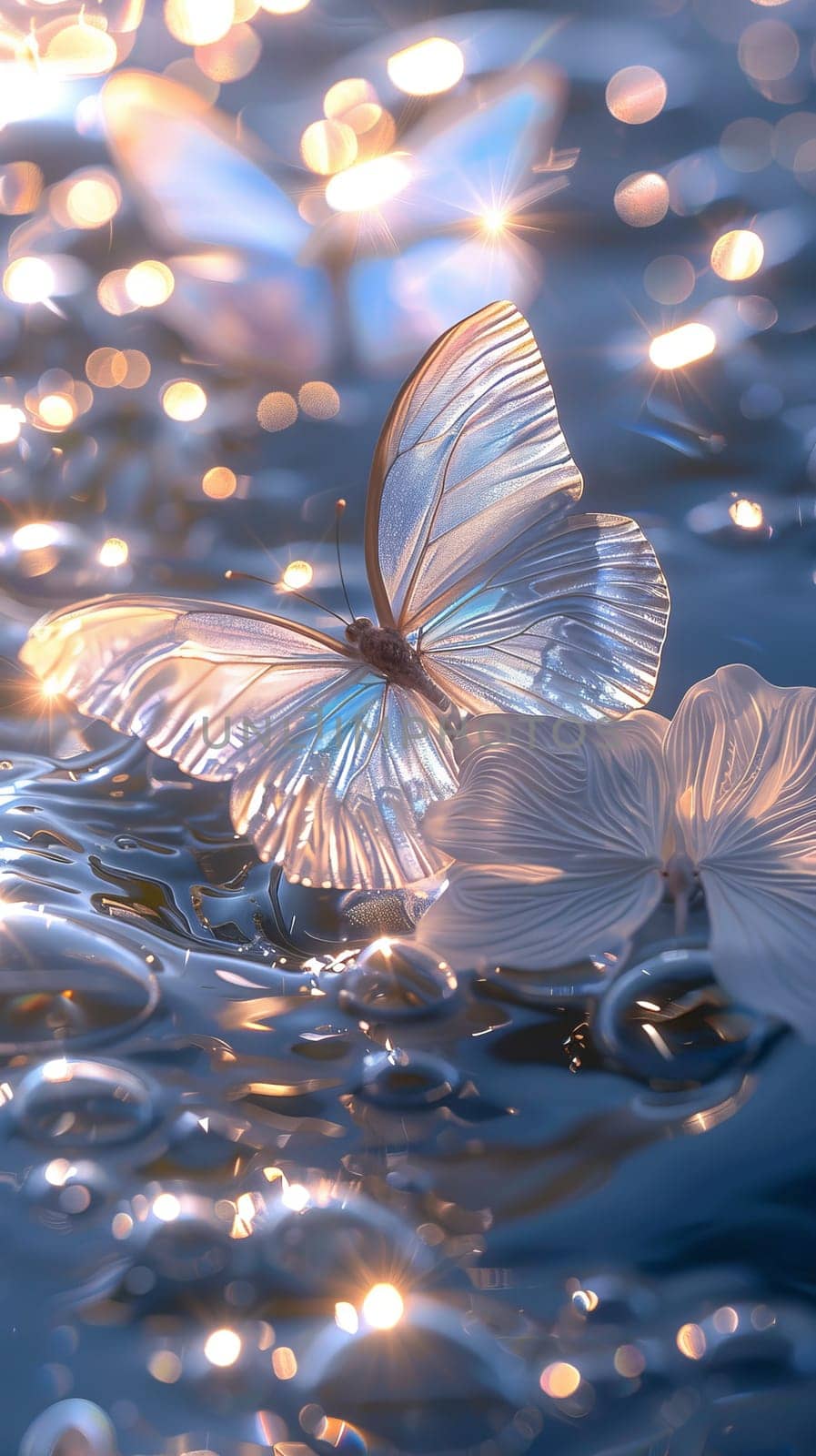 A butterfly is floating on the surface of a body of water. The water is illuminated by the light of the sun, creating a serene and peaceful atmosphere