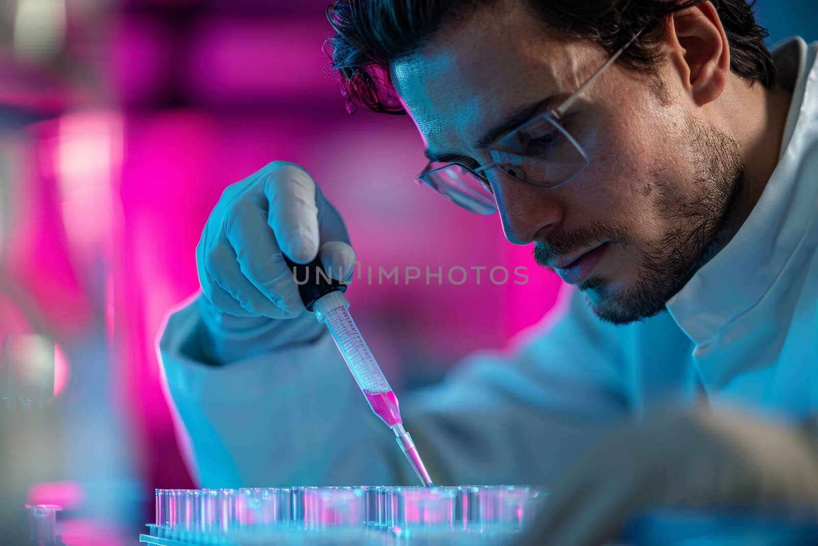 The scientist fills the microplate with a pipette in the lab for biological or chemical analysis.