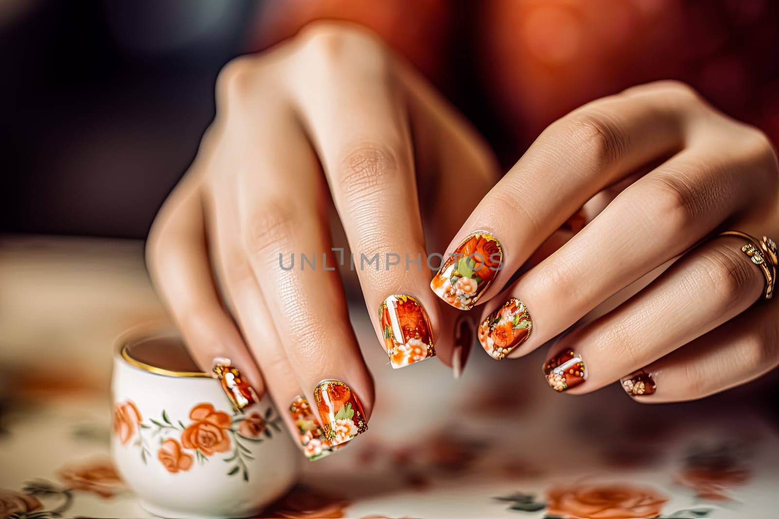A woman's hands are painted with flowers and leaves, and she is holding a cup. Concept of relaxation and self-care, as the woman takes the time to pamper herself with a manicure