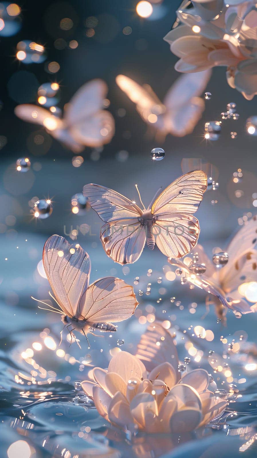 A butterfly is floating on the surface of a body of water. The water is illuminated by the light of the sun, creating a serene and peaceful atmosphere