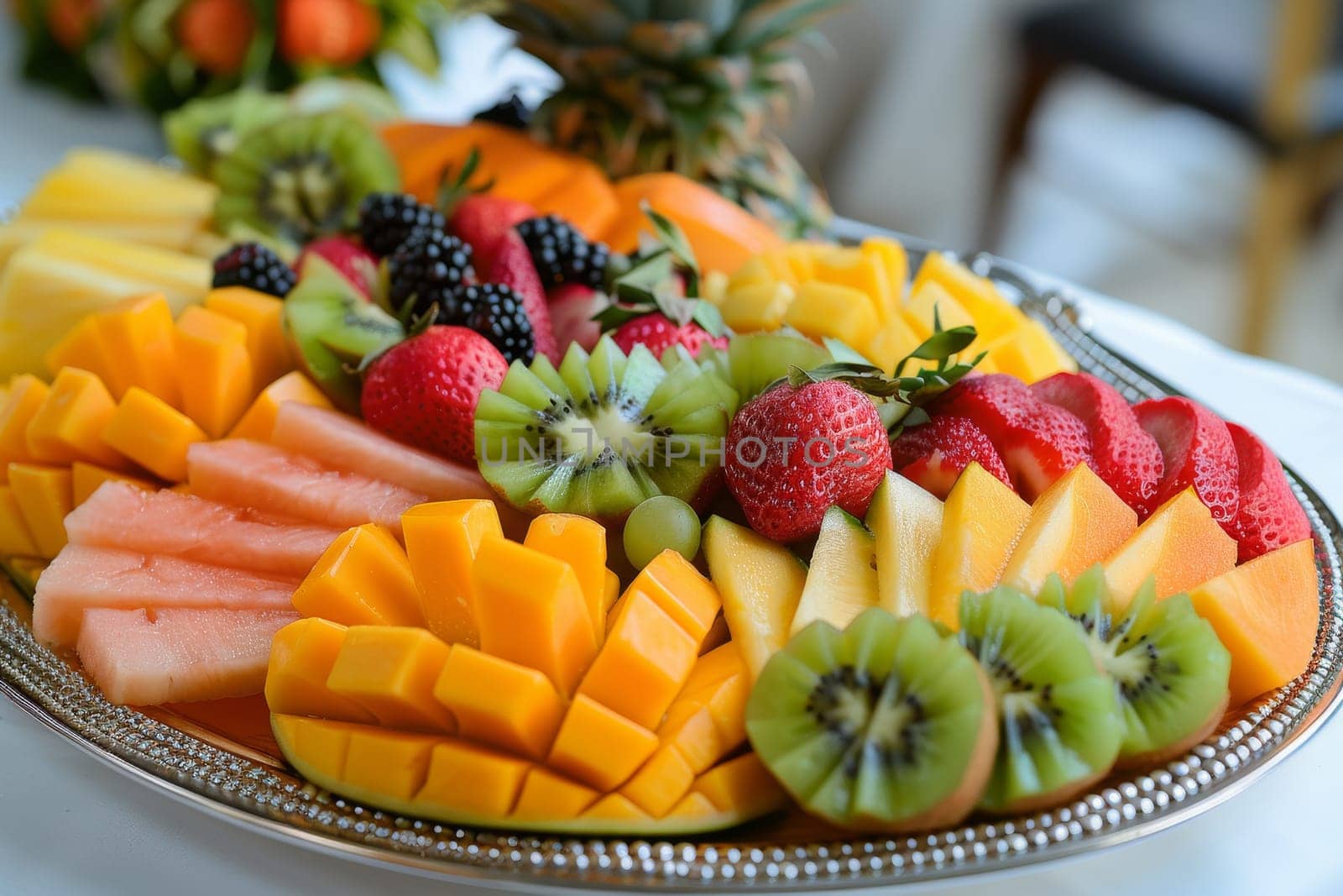A plate of assorted fruits including watermelon, kiwi, strawberries, and pineapple. The plate is white and placed on a grey surface