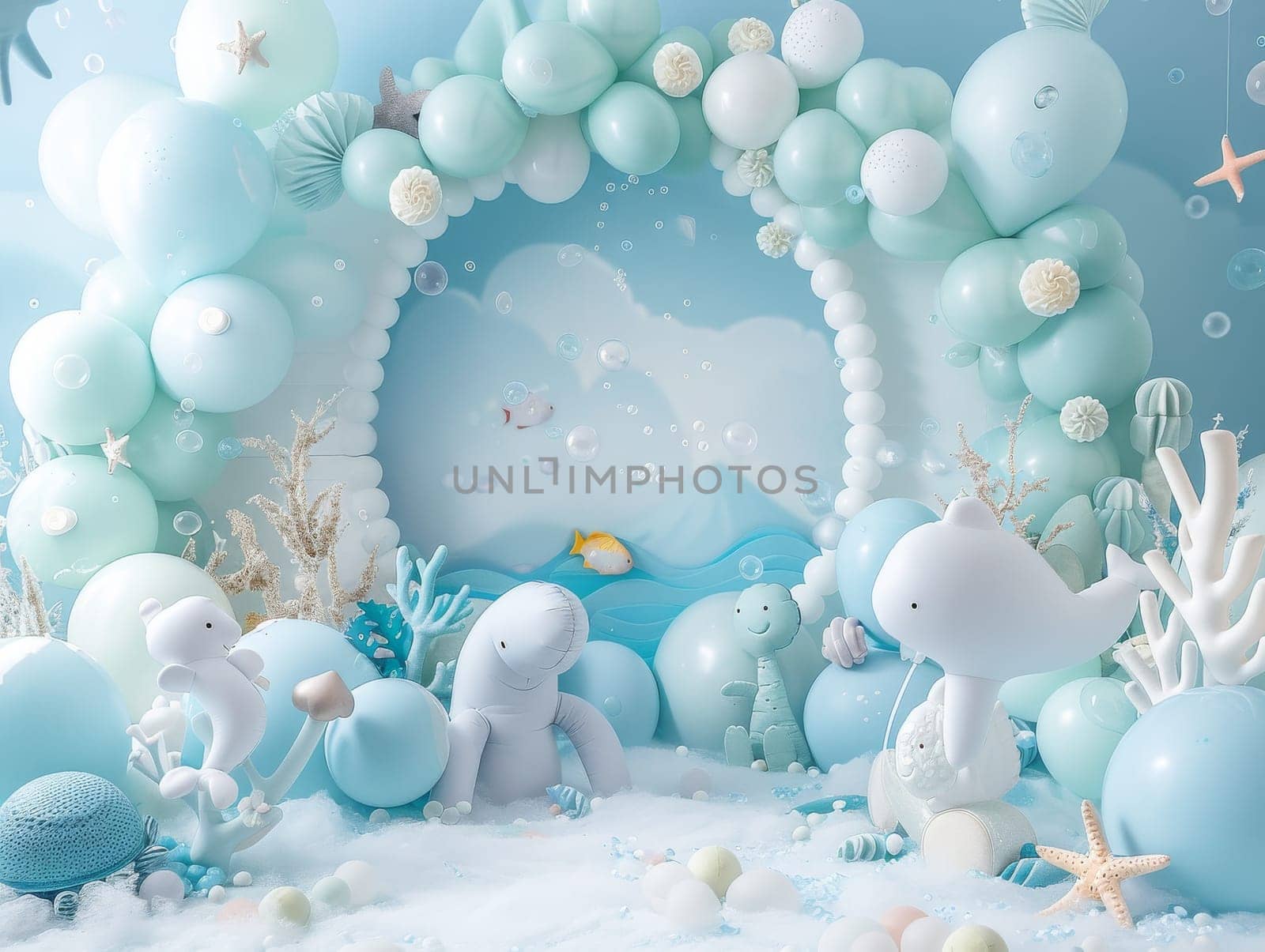 A blue and white room with a blue archway and a blue background. The archway is filled with balloons and there are several stuffed animals, including a whale and a dolphin