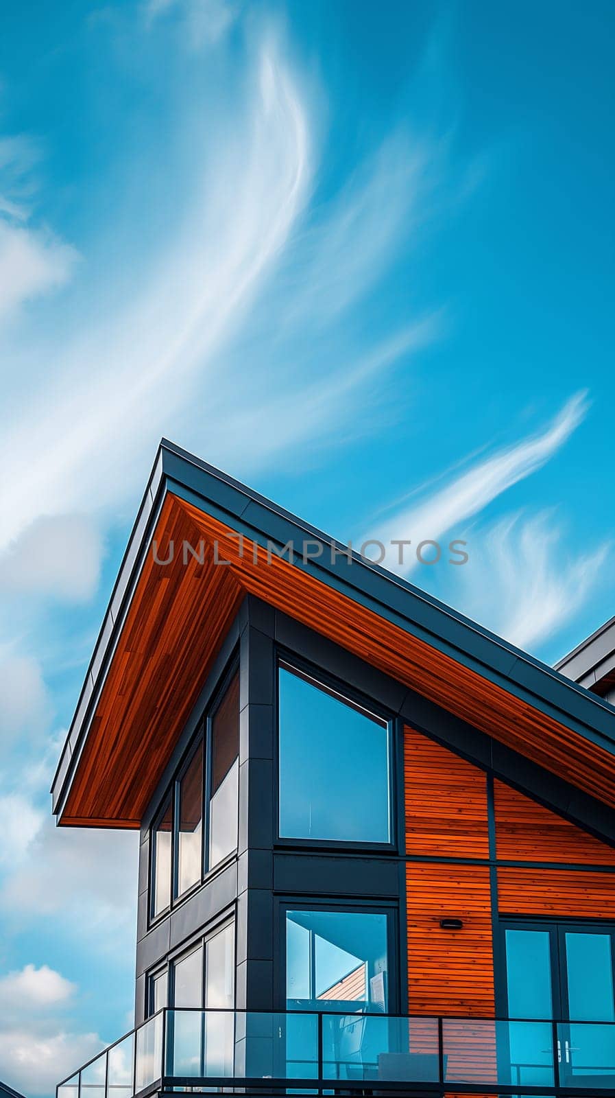 A contemporary building with large windows and wooden siding stands under a bright blue sky, accentuated by dynamic, wispy clouds - Generative AI