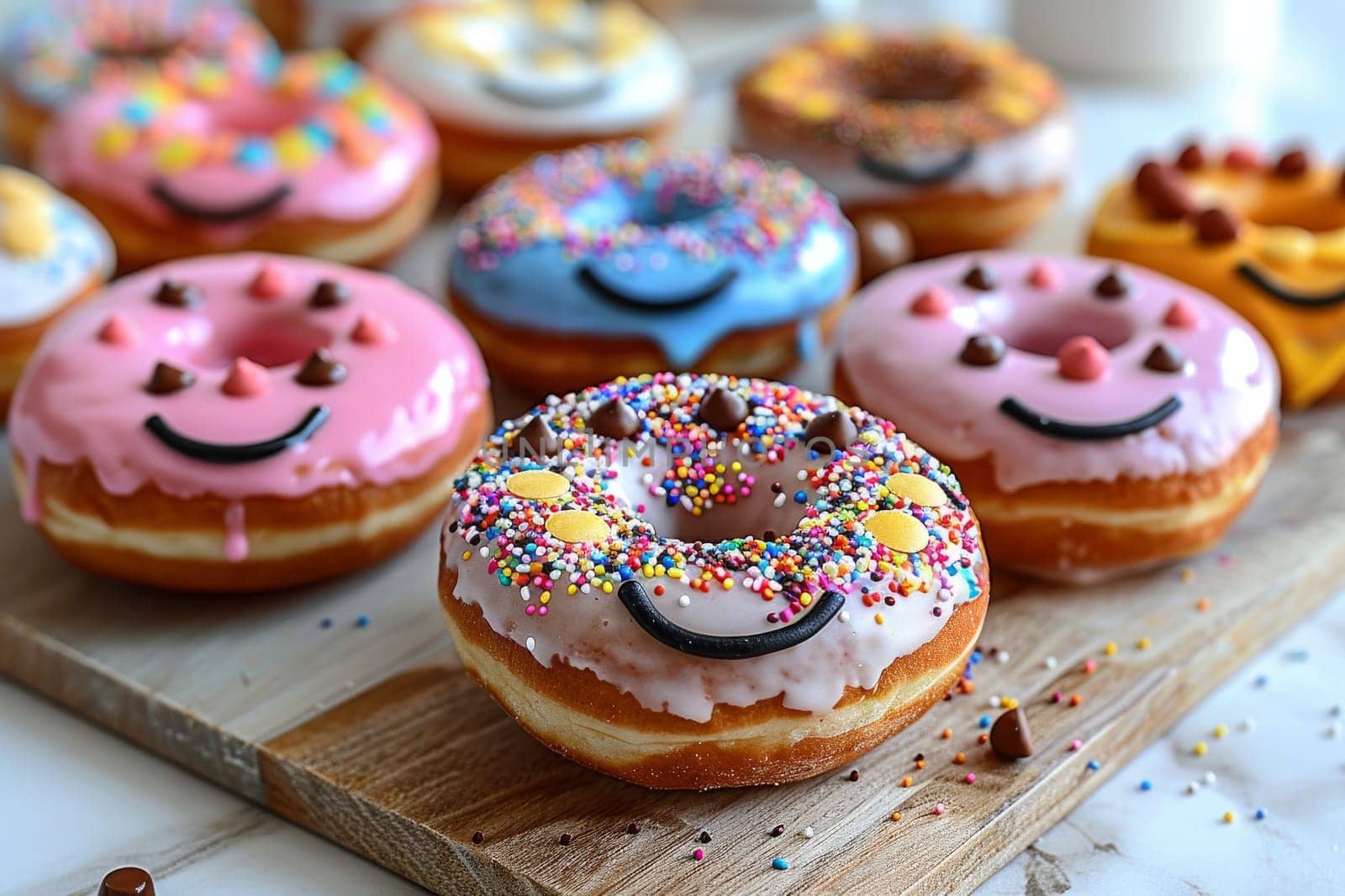 A tray of donuts with smiling faces on them. The donuts are of different colors and sizes, and they are arranged in a row. Scene is cheerful and inviting