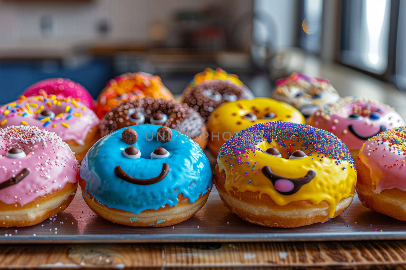 A tray of donuts with smiling faces on them. The donuts are of different colors and sizes, and they are arranged in a row. Scene is cheerful and inviting