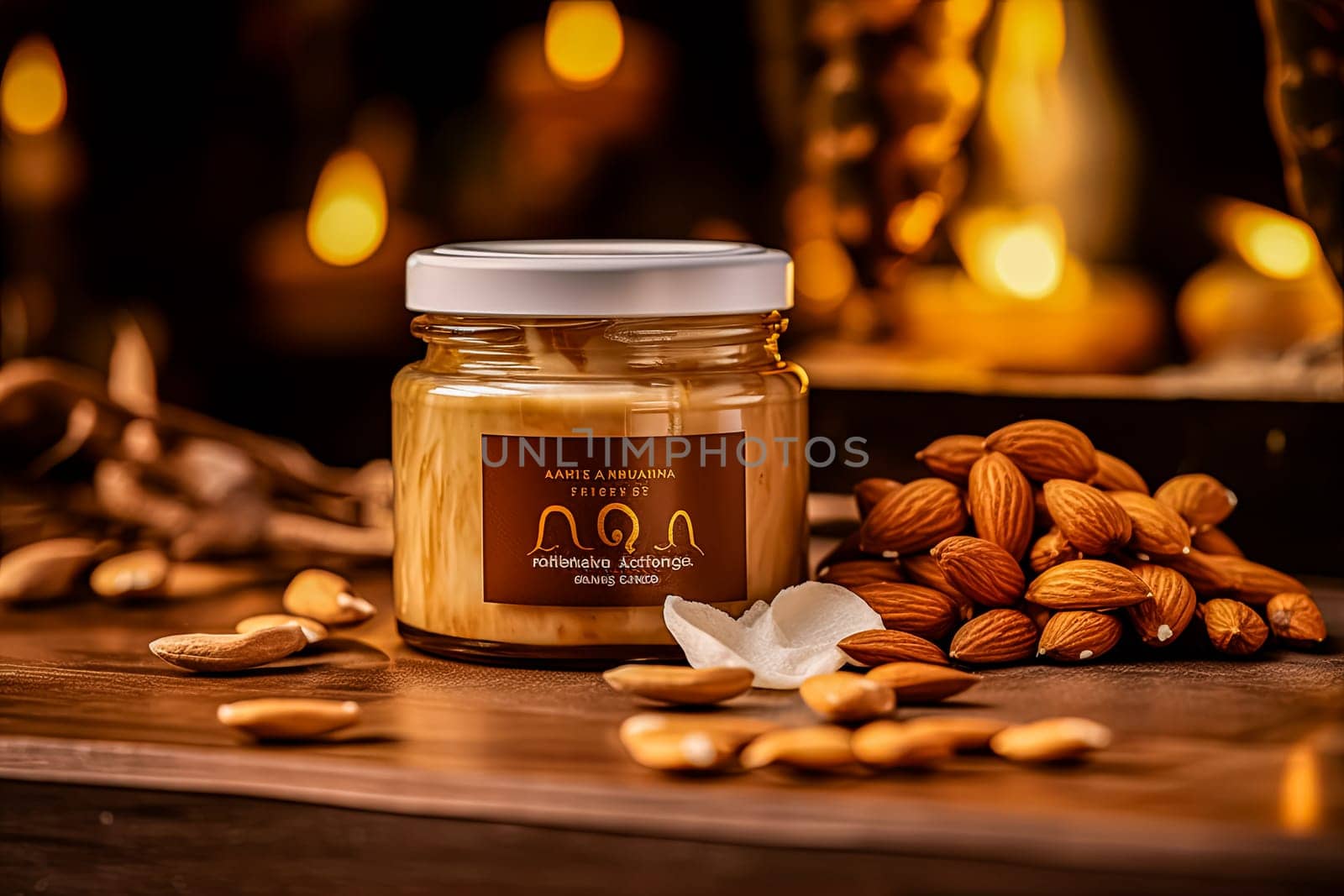 A jar of almond butter sits on a table next to a bowl of almonds. Almond oil for skincare on face and decollete