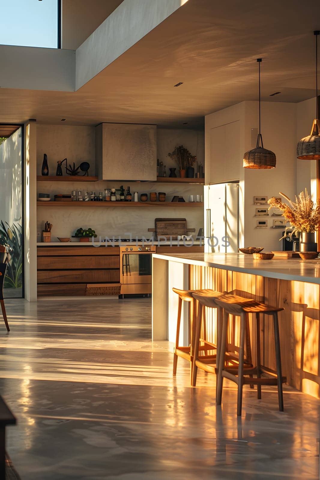 An interior designed kitchen with a spacious island featuring hardwood countertops and stools. The flooring is covered with beautiful laminate flooring