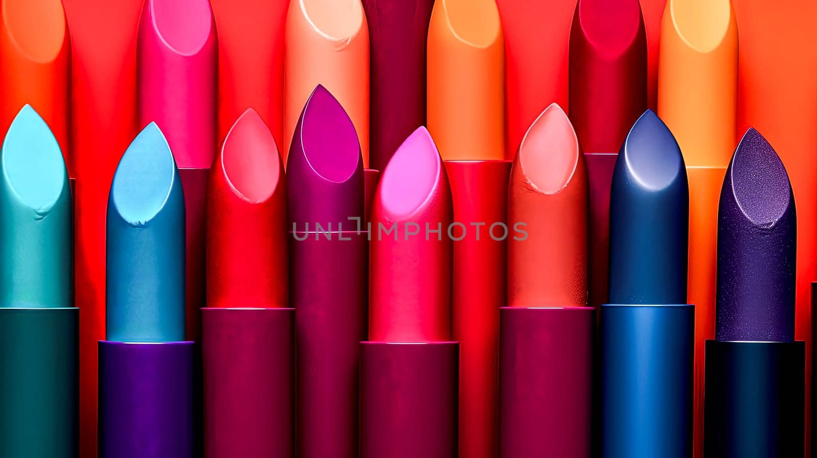 A row of colorful lipsticks are displayed in a row. The lipsticks are of different colors and sizes, and they are arranged in a way that they look like they are standing upright