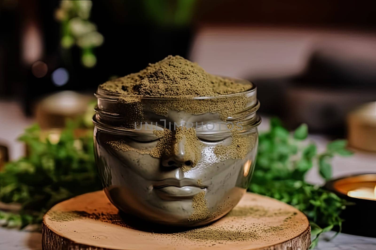 A jar of green facial clay sits on the table next to a bowl and spoon. The jar is filled with a caring face mask