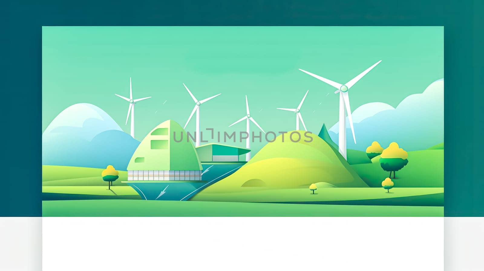 A green landscape with a wind farm and a building. The wind farm is a symbol of renewable energy and the building is a representation of modern architecture. Scene is one of sustainability