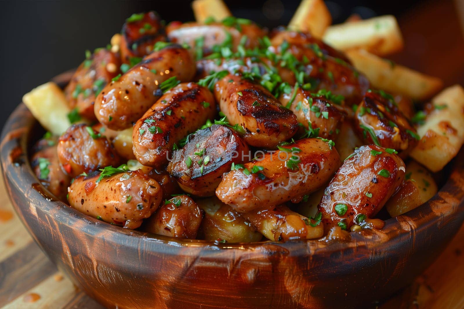 Savory currywurst with fries garnished with fresh chopped chives, served in a wooden bowl at a bustling restaurant.