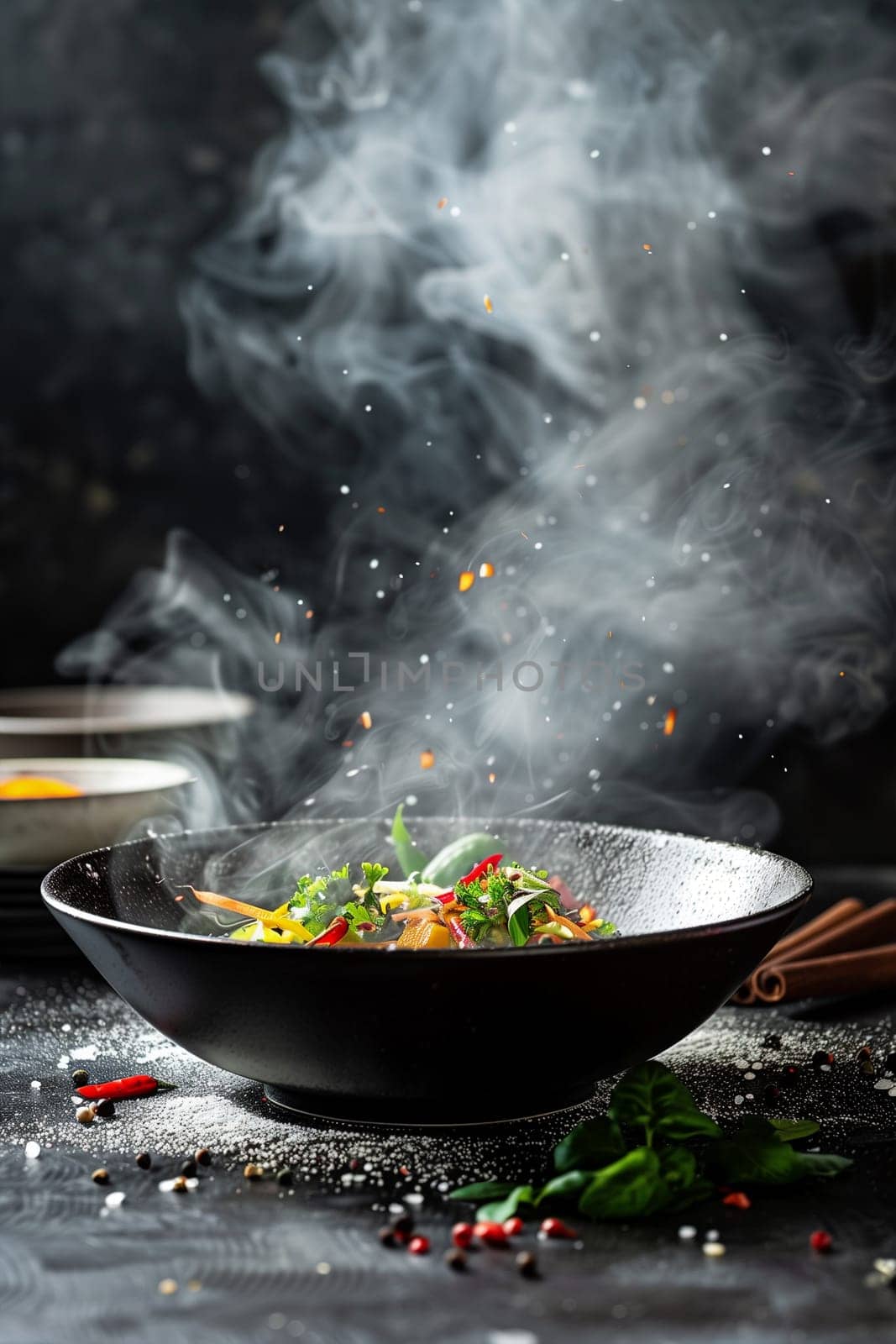 A traditional wok filled with various cooked dishes placed on top of a wooden table.