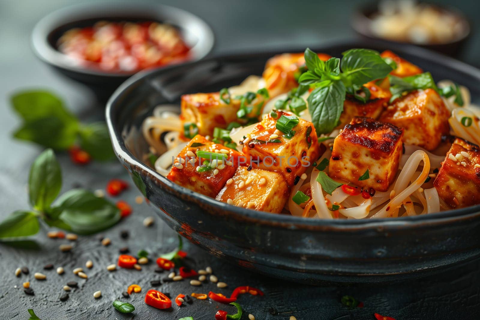 A black bowl containing Pad Thai fried rice noodles, tofu, and aromatic herbs.
