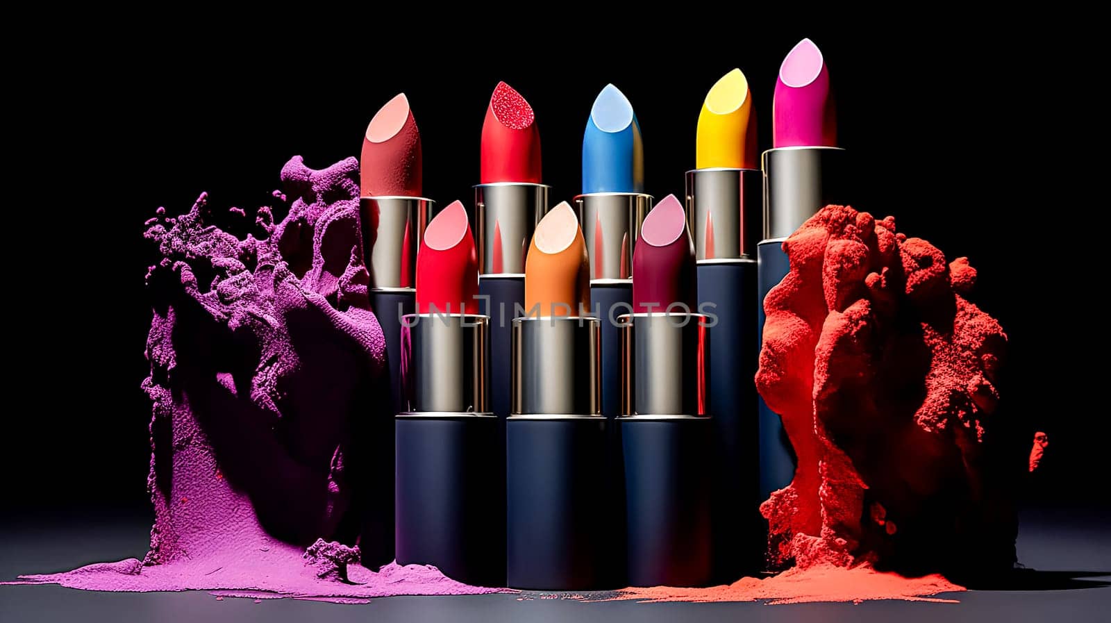 A row of colorful lipsticks are displayed on a table. The lipsticks are arranged in a way that they look like they are melting or spilling out of their containers. Concept of fun and playfulness