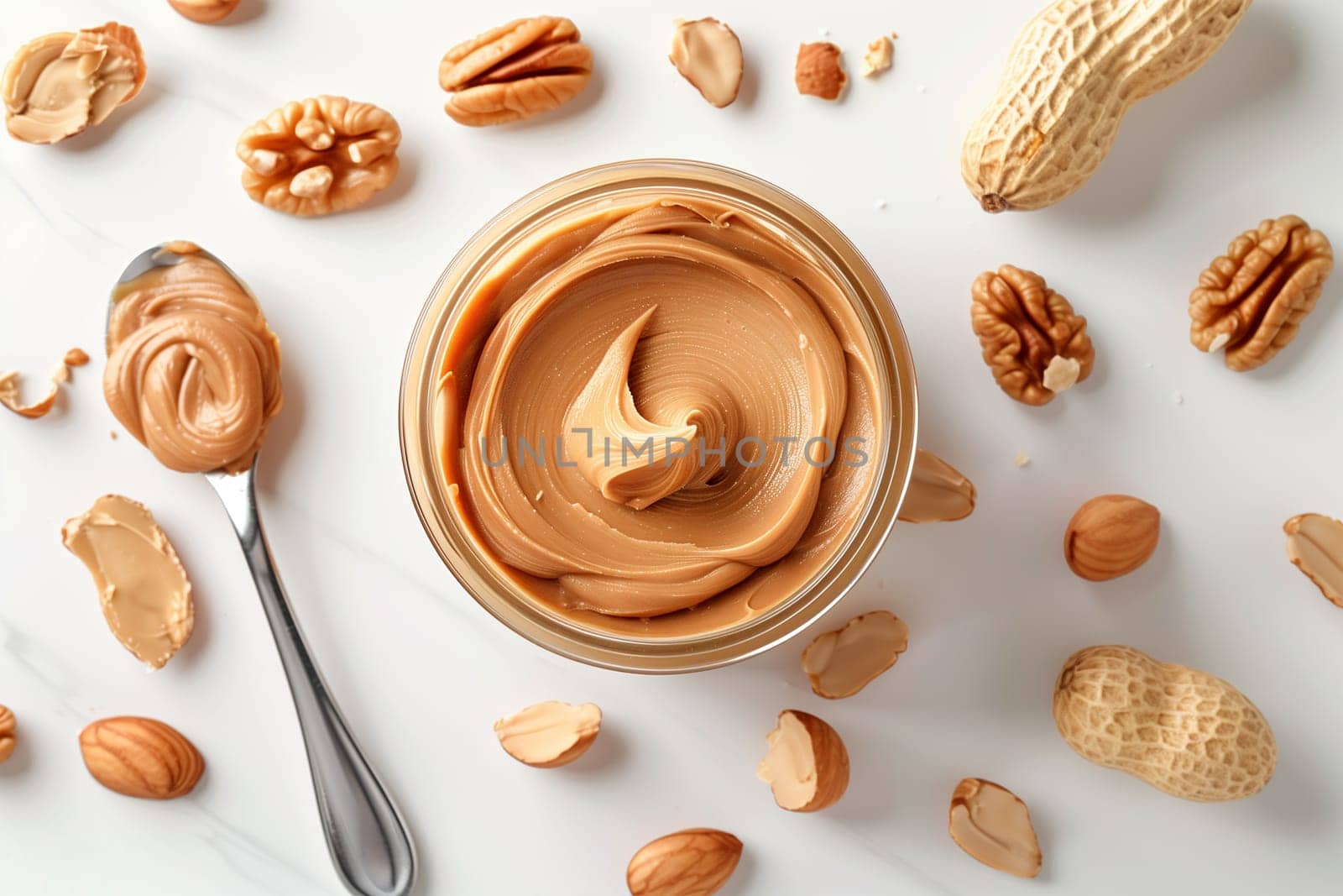 A glass jar filled with creamy peanut butter, placed on a table and surrounded by a variety of nuts.