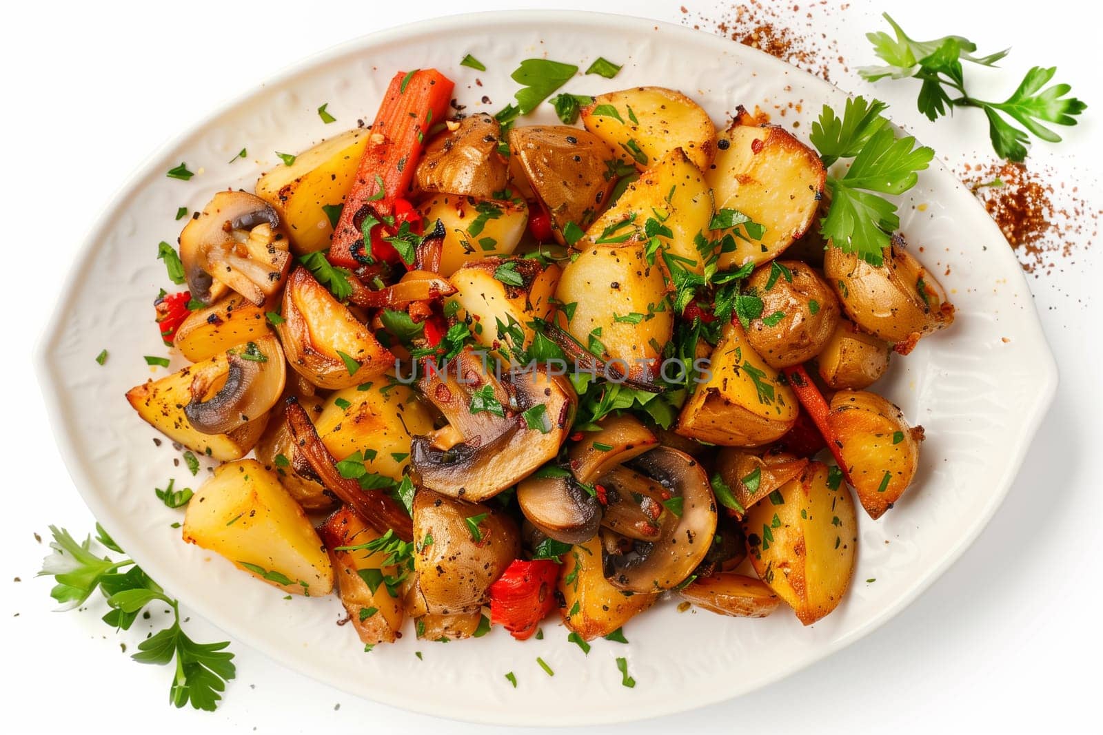 A white plate filled with potatoes and mushrooms, showcasing a hearty and delicious meal.