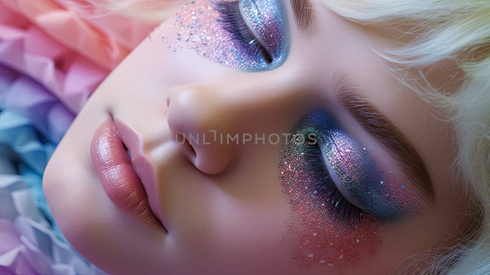 A woman with blue and purple eyeshadow and glittery makeup. She is sleeping. The makeup is very colorful and sparkly